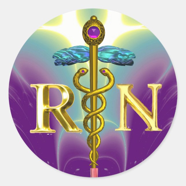 GOLD CADUCEUS REGISTERED NURSE SYMBOL Purple Green Classic Round Sticker (Front)