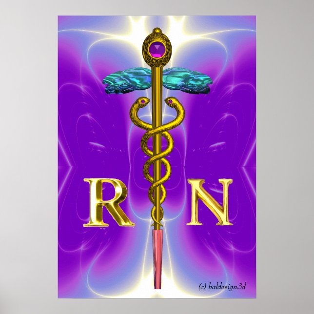 GOLD CADUCEUS REGISTERED NURSE SYMBOL,Purple Poster (Front)