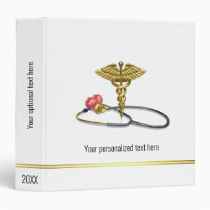 Gold Caduceus & Stethoscope with Heart Medical Binder