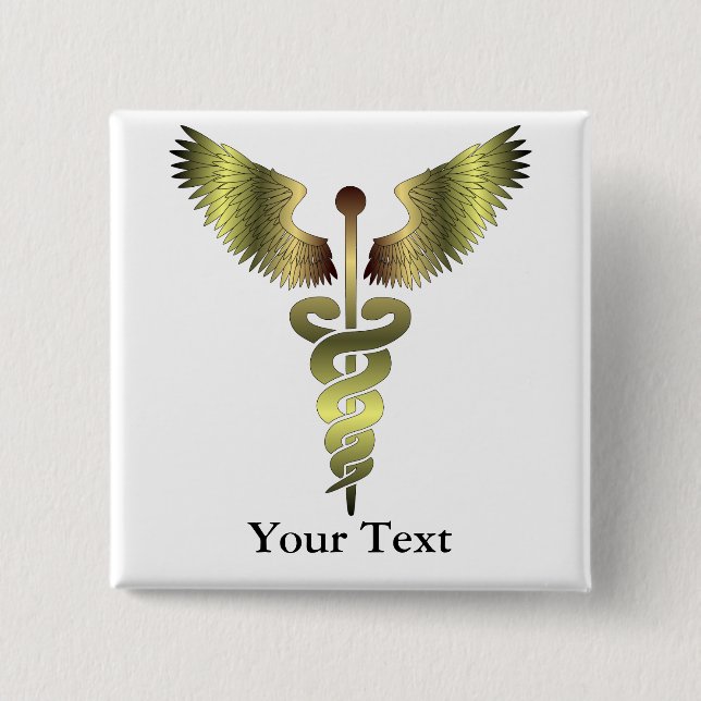 Gold Caduceus symbol 2 Inch Square Button (Front)