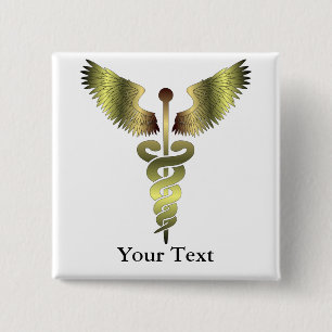 Gold Caduceus symbol 2 Inch Square Button