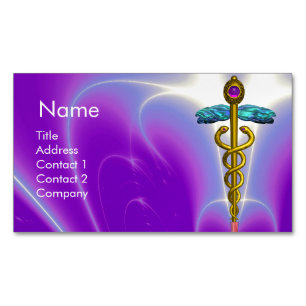 GOLD CADUCEUS SYMBOL / Purple Fuchsia Magnetic Business Card