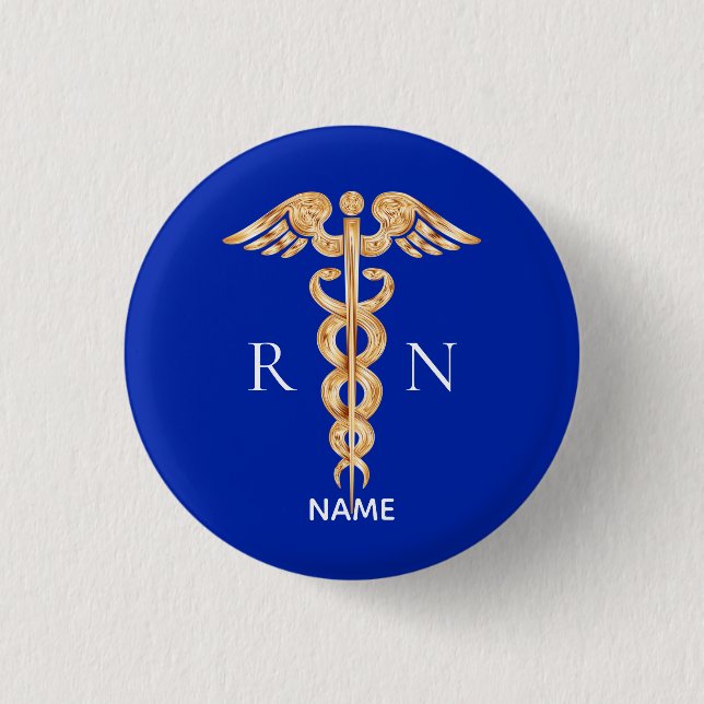 Gold Caduceus Symbol & Registered Nurse  Monogram 1 Inch Round Button (Front)