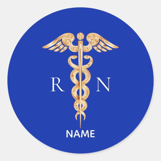 Gold Caduceus Symbol & Registered Nurse  Monogram Classic Round Sticker (Front)