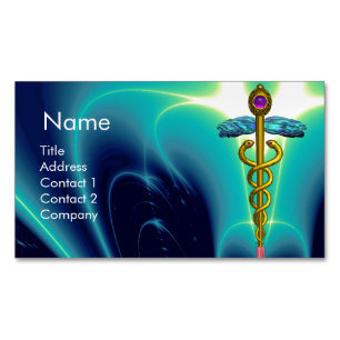 GOLD CADUCEUS SYMBOL / Teal Blue Turquoise Magnetic Business Card