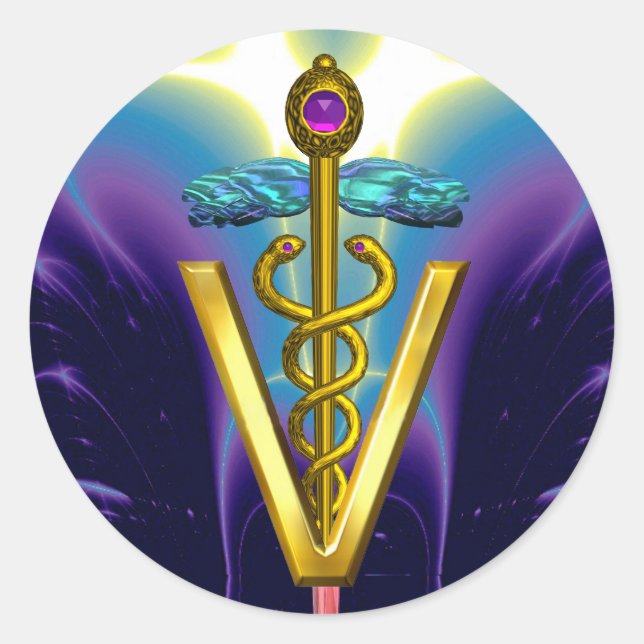 GOLD CADUCEUS VETERINARY SYMBOL Blue Purple Classic Round Sticker (Front)