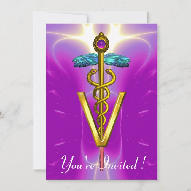 GOLD CADUCEUS VETERINARY SYMBOL Pink Fuchsia Invitation (Front)