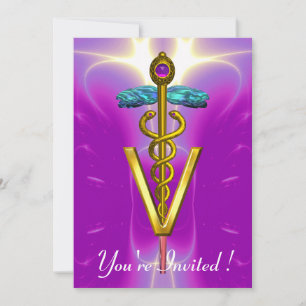 GOLD CADUCEUS VETERINARY SYMBOL Pink Purple Invitation