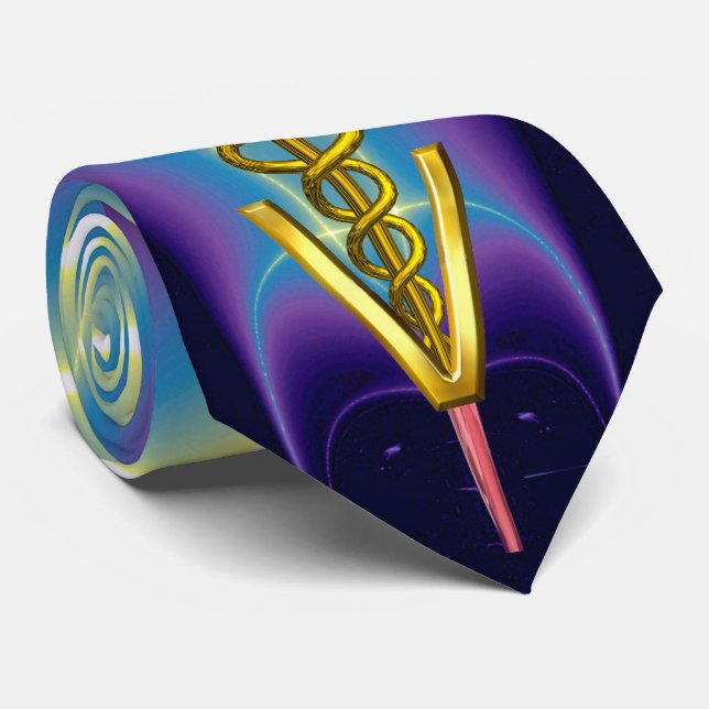 GOLD CADUCEUS VETERINARY SYMBOL,Purple Blue Tie (Rolled)