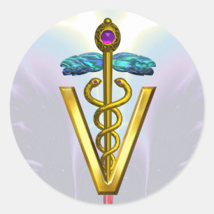 GOLD CADUCEUS VETERINARY SYMBOL Teal Blue Purple Classic Round Sticker