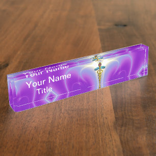GOLD CADUCEUS , vibrant blue purple ametyst Nameplate