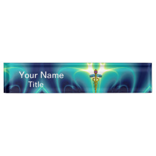 GOLD CADUCEUS , Vibrant Blue Turquoise Nameplate