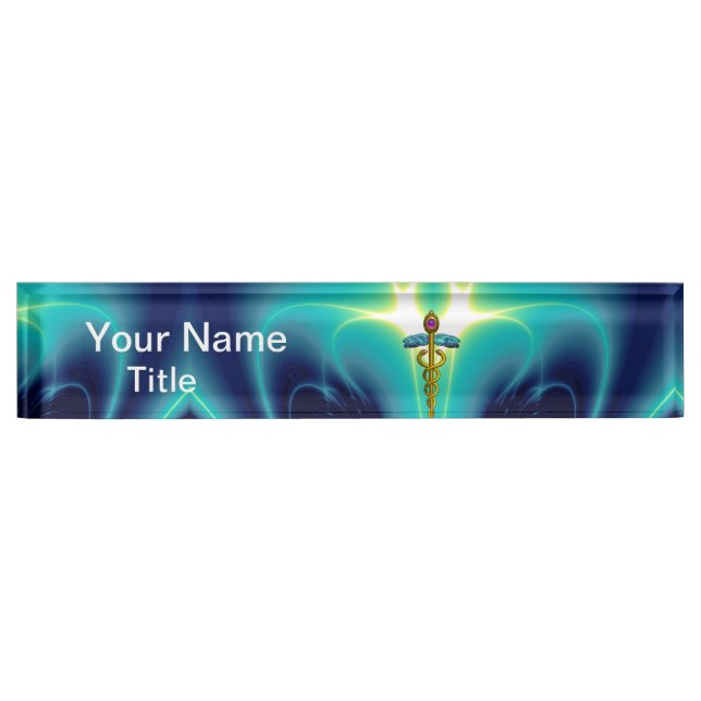 GOLD CADUCEUS , Vibrant Blue Turquoise Nameplate (Front)