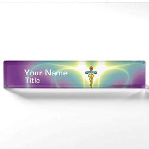 GOLD CADUCEUS , vibrant purple ametyst Nameplate