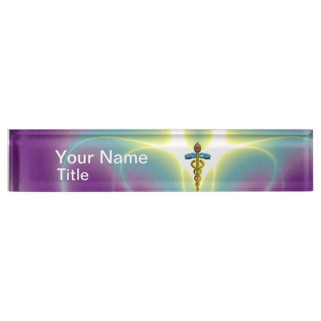 GOLD CADUCEUS , vibrant purple ametyst Nameplate (Front)