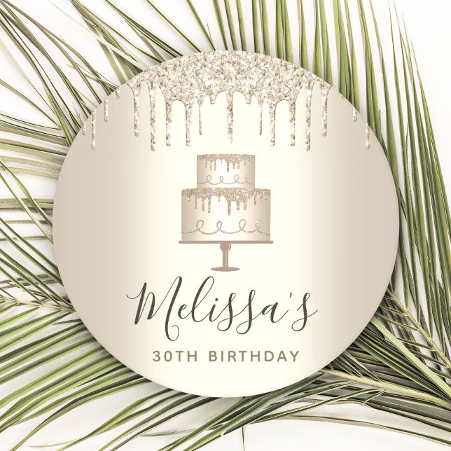 Gold cake glitter drips elegant girly glam party round paper coaster (Creator Uploaded)