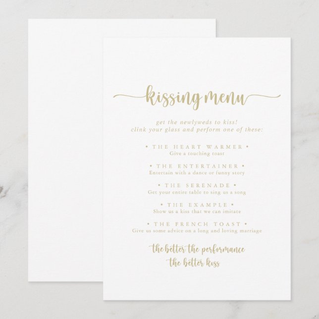 Gold Calligraphie Mariage Kissing Menu Carte de je (Devant / Derrière)