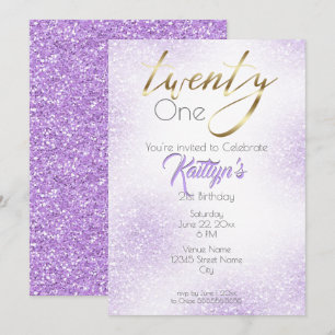 Gold Calligraphy and Chic Lilac Glitter 21st Invitation