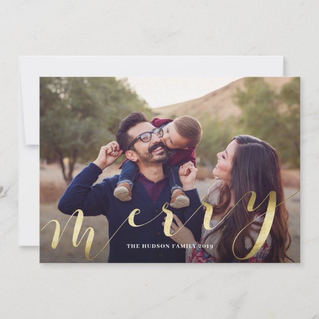 Gold Calligraphy Big Photo Merry Christmas Card (Front)