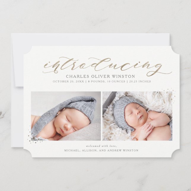 Gold Calligraphy Birth Announcement in Faux Foil (Front)