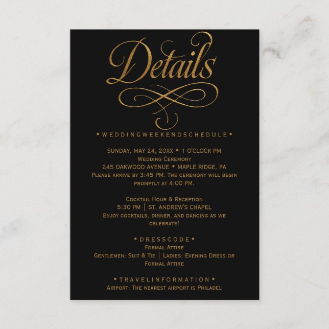 Gold Calligraphy Black Wedding Insert Card (Front)