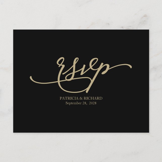 Gold Calligraphy Black Wedding RSVP Postcard (Front)