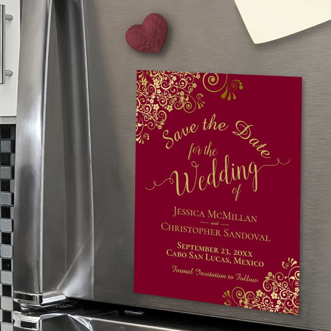 Gold Calligraphy Burgundy Red Save the Date Magnet (Magnetic for Easy Display)
