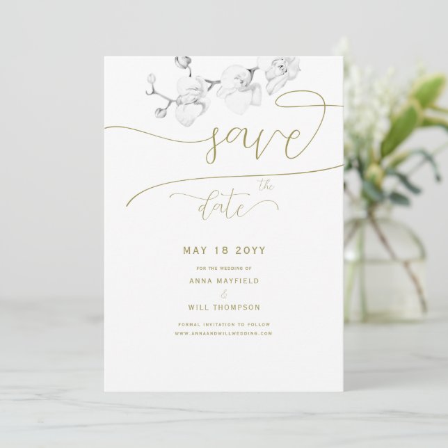 Gold Calligraphy Chic Orchid Wedding Save the Date Invitation (Standing Front)