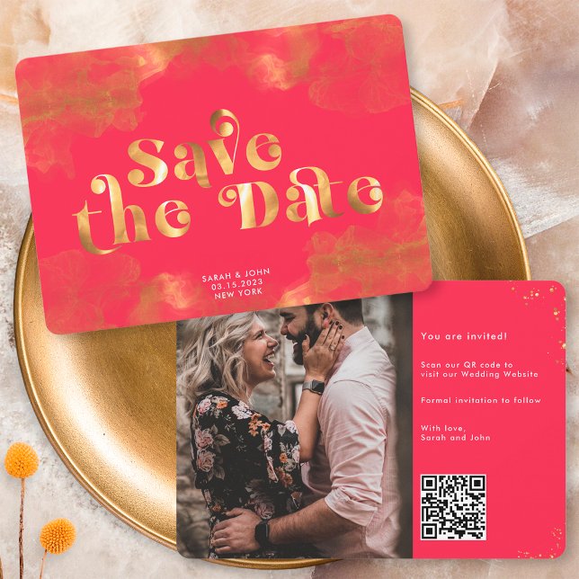 Gold Calligraphy Elegant Magenta QR Code Save The Date (Creator Uploaded)