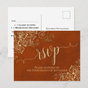Gold Calligraphy Elegant Rust Orange Wedding RSVP Postcard