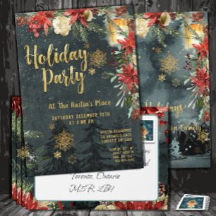 Gold Calligraphy Floral Greenery Holiday Party Invitation
