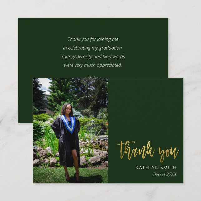 Gold Calligraphy Green Modern Photo Graduation Thank You Card (Front/Back)