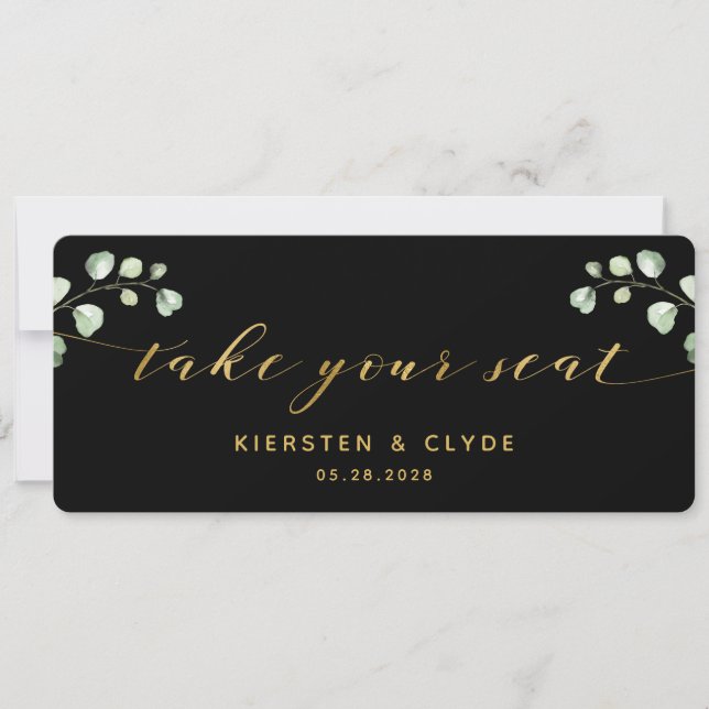 Gold Calligraphy Greenery Take Your Seat Top Card (Front)