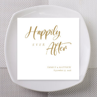 Gold Calligraphy Happily Ever After Wedding Napkin
