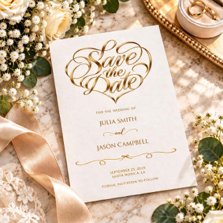 Gold Calligraphy Heart Wedding Save the Date Card