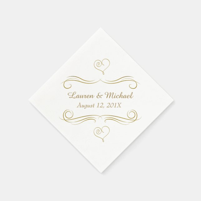 Gold Calligraphy Hearts Swirl Wedding Napkin (Corner)