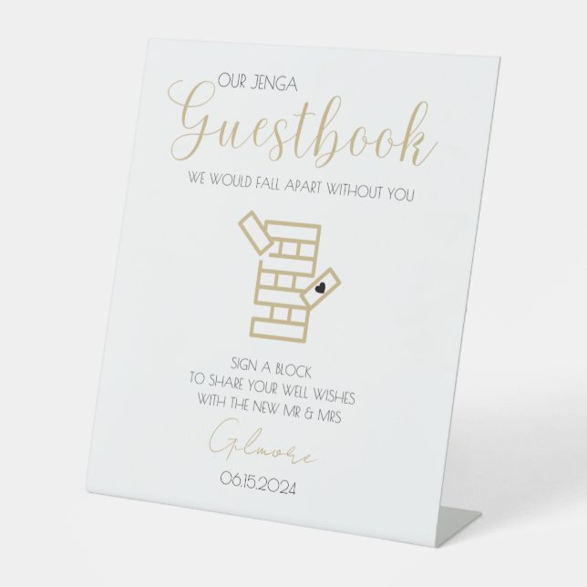 Gold Calligraphy Jenga Guestbook Wedding Sign-In Pedestal Sign (Front)