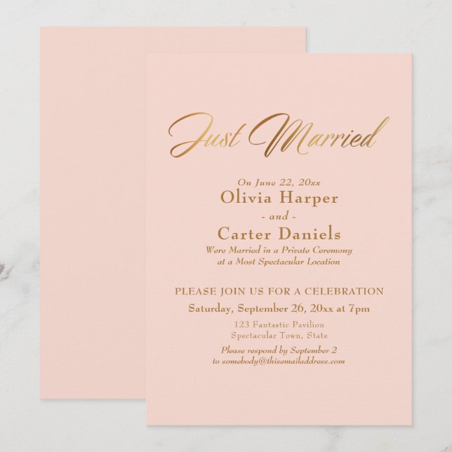 Gold Calligraphy Just Married Blush Pink Reception Invitation (Front/Back)