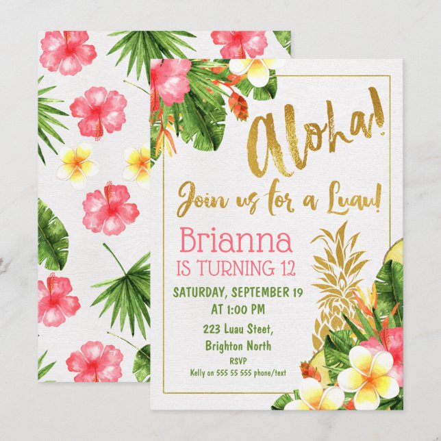 Gold Calligraphy Luau Birthday Invitation (Front/Back)