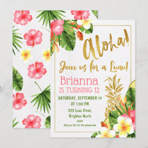 Gold Calligraphy Luau Birthday Invitation