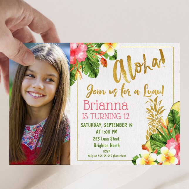 Gold Calligraphy Luau Photo Birthday Invitation (Tropical Floral Aloha Luau Birthday Invitation with Photo, Gold Pineapple, Aloha Luau Invitation)