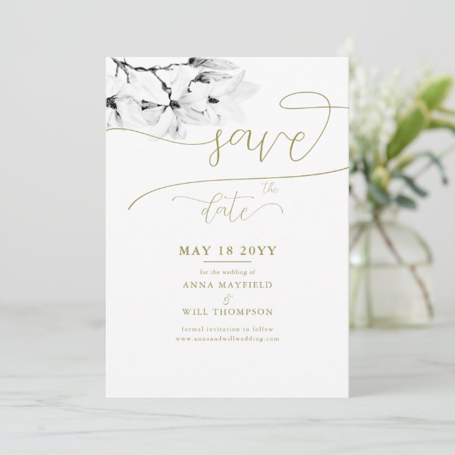 Gold Calligraphy Magnolia Wedding Save the Date Invitation (Standing Front)