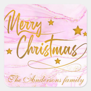 Gold Calligraphy Merry Christmas Personalized pink Square Sticker