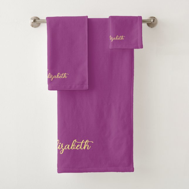 Gold Calligraphy Name Stylish Bordeaux Template Bath Towel Set (Insitu)