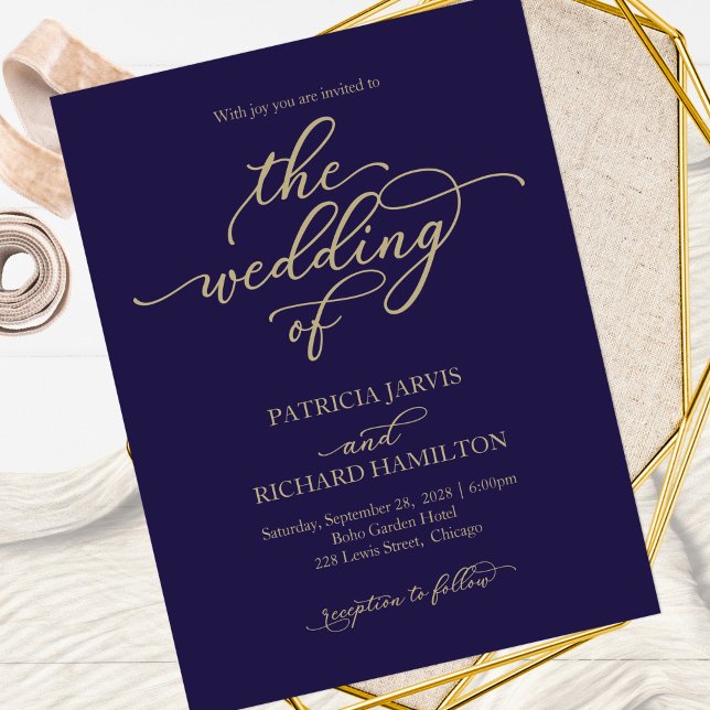 Gold Calligraphy Navy Blue Wedding Invitation Postcard (Creator Uploaded)