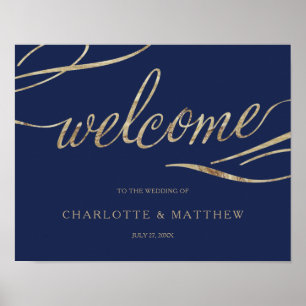 Gold Calligraphy Navy Blue Welcome Wedding Poster