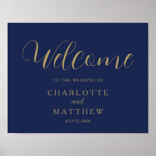 Gold Calligraphy Navy Blue Welcome Wedding Poster