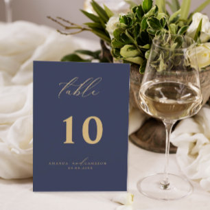 Gold Calligraphy Navy Wedding Table Number