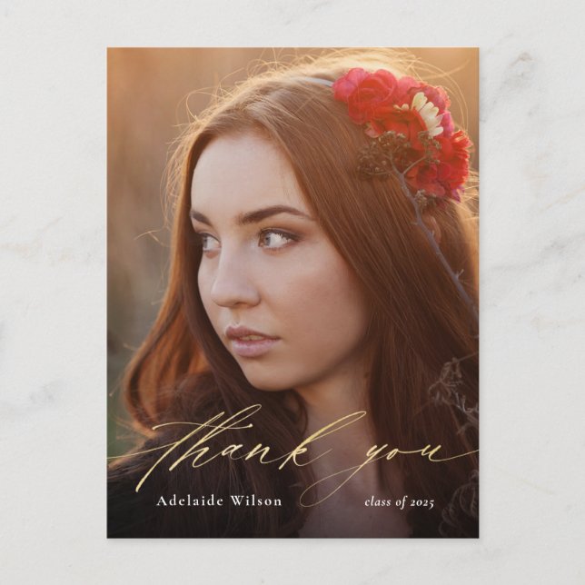 Gold Calligraphy Photo Graduation Thank You Postcard (Front)
