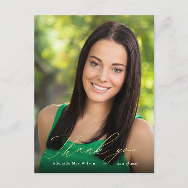 Gold Calligraphy Photo Graduation Thank You Postcard (Front)